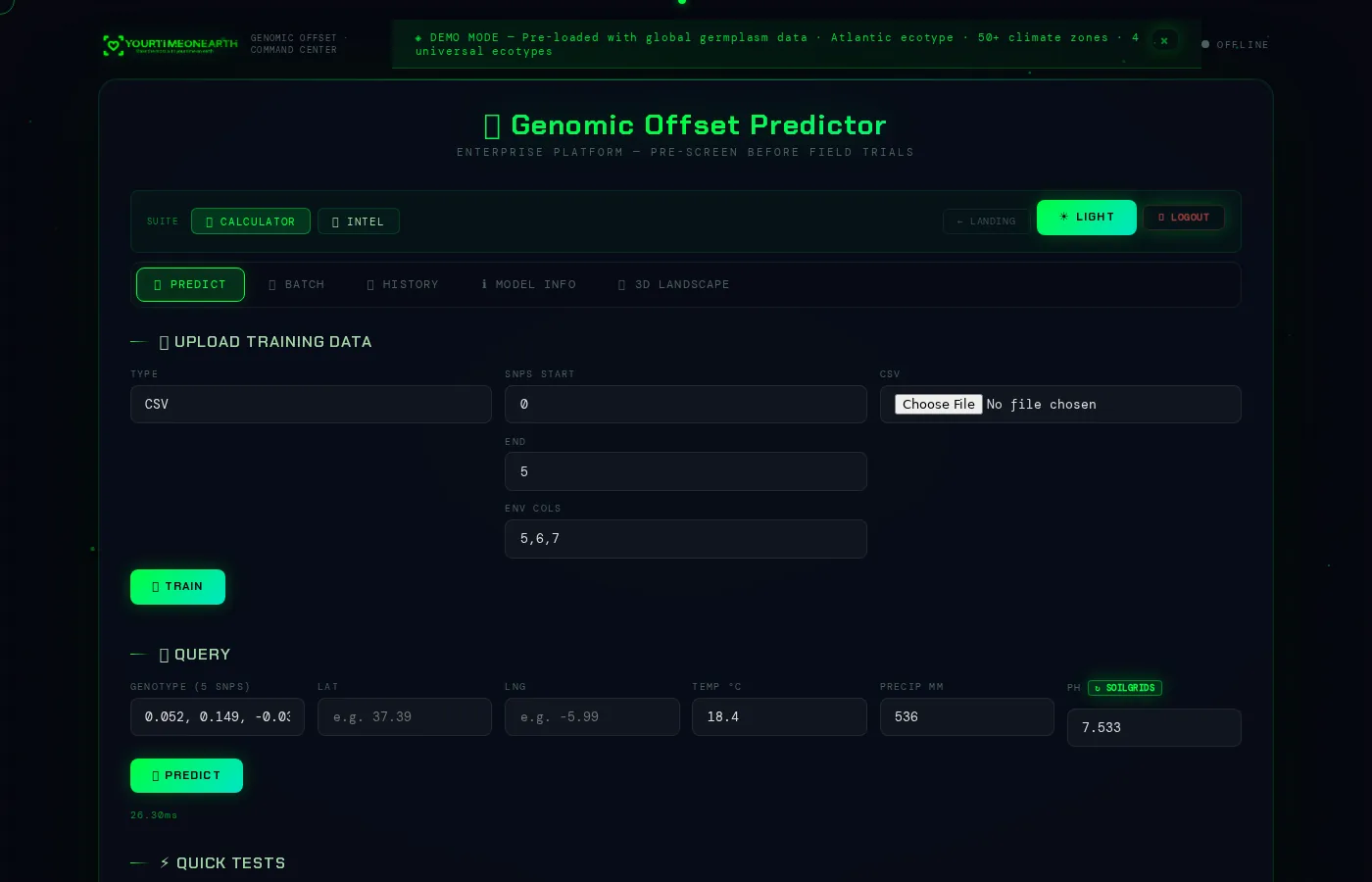 Genomic Offset Calculator interface — query form with genotype and climate inputs